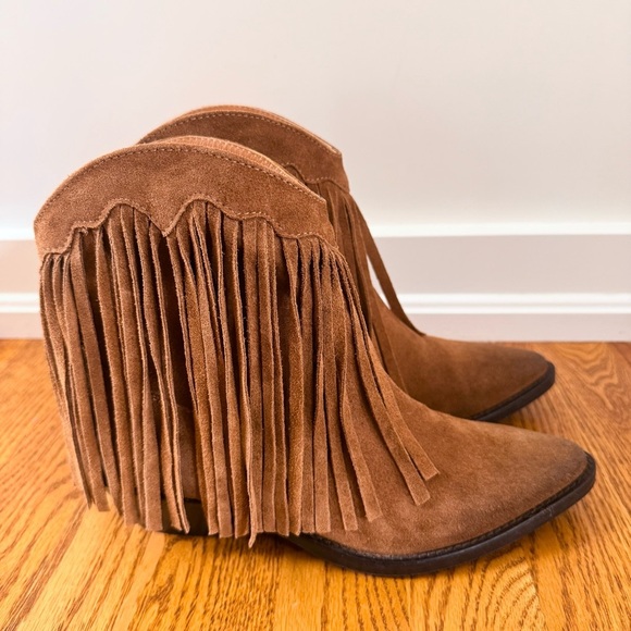 Sundance Suede Fringe Pointed Toe Ankle Boot in Brown Size EU 37 US 6.5 - Picture 5 of 10